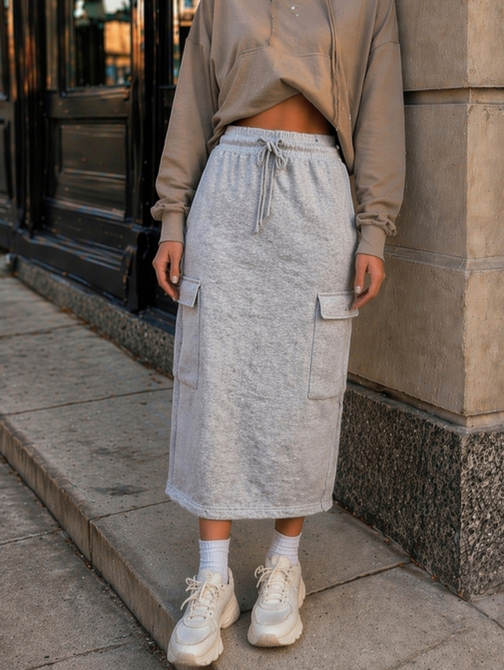 NWT Kuwalla Heather Grey Sweatshirt Cargo Midi Skirt | Pencil Drawstring